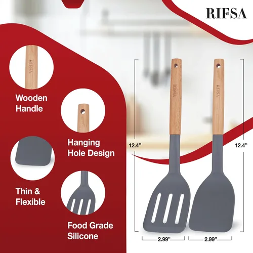 Vista 2 de Paquete de 2 espátulas de silicona, espátulas ranuradas antiadherentes con mango de madera, juego de utensilios de cocina de madera ideal