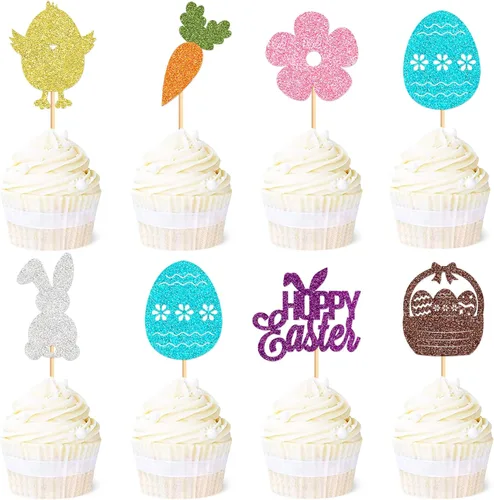 Vista 13 de Ercadio 24 piezas coloridas de doble cara para conejos de Pascua para cupcakes de conejito de Pascua, decoración de pasteles, conejo, baby shower