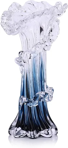 Vista 10 de Jarrón de vidrio azul soplado a mano, arte único, hermoso jarrón de cristal oceánico para centro de mesa del hogar, mesa auxiliar, sala de estar