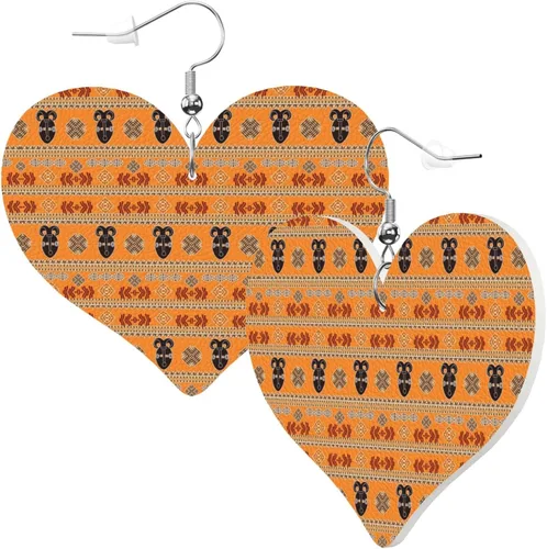 Vista 2 de DKJlitter Women's Heart Earrings, ethnic african striped tribal pattern Faux Leather Earrings, Lightweight Dangle Earrings