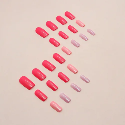 Vista 3 de Uñas postizas a presión de color rosa intenso, cuadradas, medianas, para verano, cobertura completa, con pegamento, brillantina, uñas artificiales