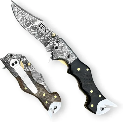 Vista 9 de WINTERFELL Cuchillo de bolsillo de acero de Damasco con mango de hueso de camello quemado con clip para cinturón, cuchillo de regalo personalizado