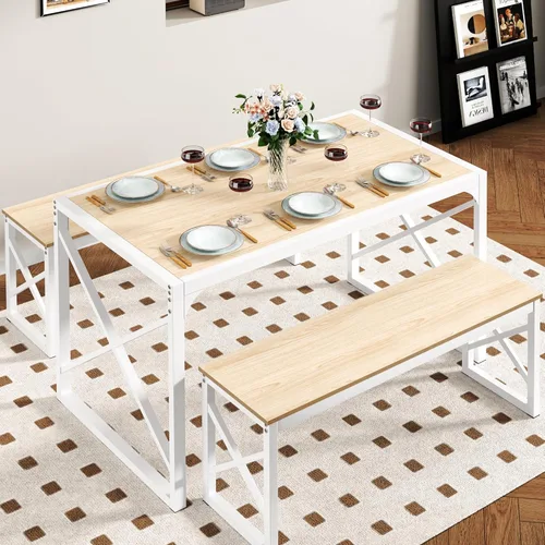 Vista 2 de VECELO Juego de mesa de comedor de cocina para 6, comedor de madera de 55 pulgadas, 2 bancos con marco de metal para cenas, desayunos, rincón y Roble
