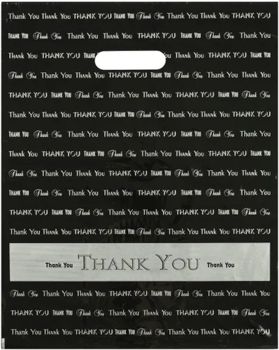 12x15 negro "Gracias" troquelado mango bolsas de plástico 50/cs