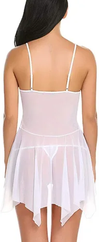 Vista 5 de Conjunto de lencería sexy de talla grande para mujer, ropa de dormir con cuello en V, ropa de dormir de encaje, mini lencería de peluche