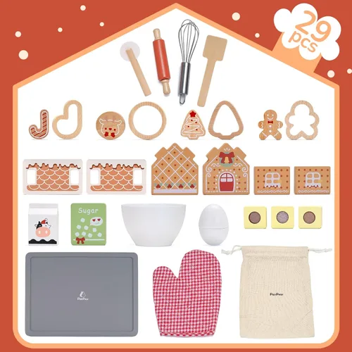 Vista 2 de PairPear Casa de Jengibre Juego de Hornear – Kit de Hornear Galletas de Navidad de Madera de 29 Piezas, Juguete 3D de Comida de Juego de Galletas
