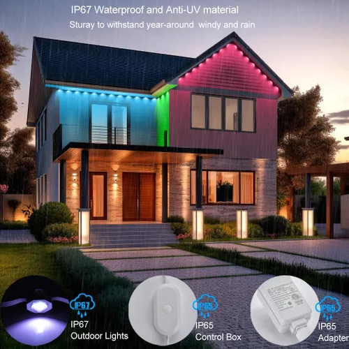 Vista 5 de Outdoor Christmas Lights - 50ft Smart RGB+IC Color Eaves Lights with 63 Scene, IP67 Waterproof, Alexa & Google Assistant Voice Control