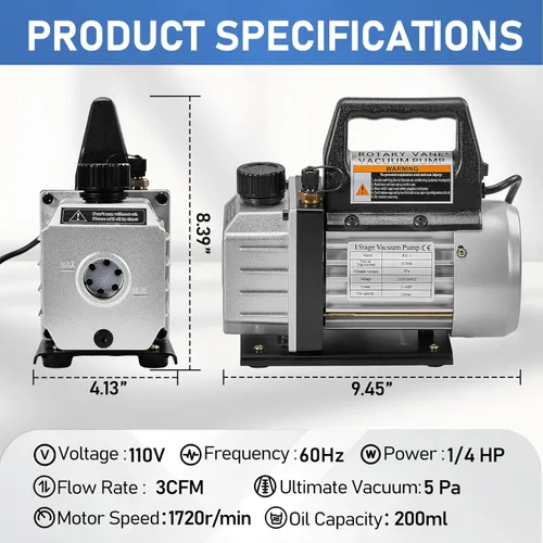 Vista 2 de SUNROAD Juego de bomba de vacío para aire acondicionado HVAC, 3 CFM 1/4HP, kit de manómetro para refrigeración de aire acondicionado AC para R410A