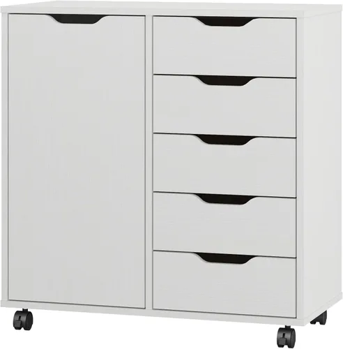 Vista 8 de Panana Cómoda de 5 cajones con 1 puerta, cómoda de madera con cajones y ruedas, gabinete de almacenamiento para oficina y dormitorio (Negro-S)