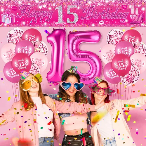 Vista 30 de Sweet 16 Pink Birthday Decorations - 20 Pcs Balloons, 40 Inch Number 16, Happy Sweet 16 Banner
