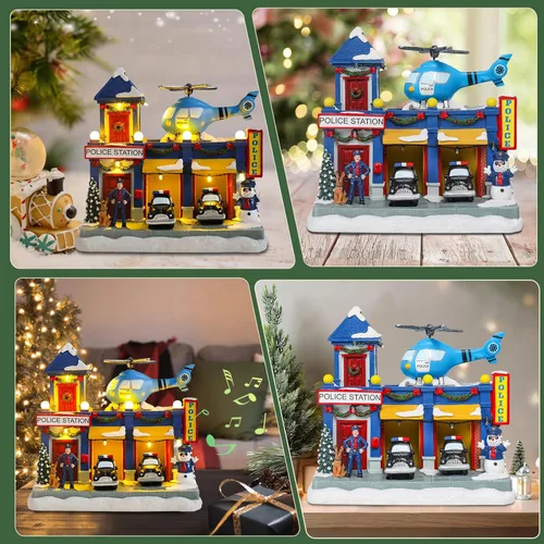 Vista 5 de WONDER GARDEN Casas de pueblo navideño, casas de Navidad, aldea - Estación de policía musical iluminada, edificios coleccionables con automóvil
