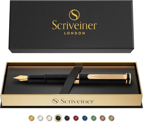 Vista 9 de Scriveiner Pluma Estilográfica EDC de Lujo (Mediana), Impresionante Pluma de Bolsillo Negra de Lujo, Chapado en Oro Real, Plumín Dorado Schmidt