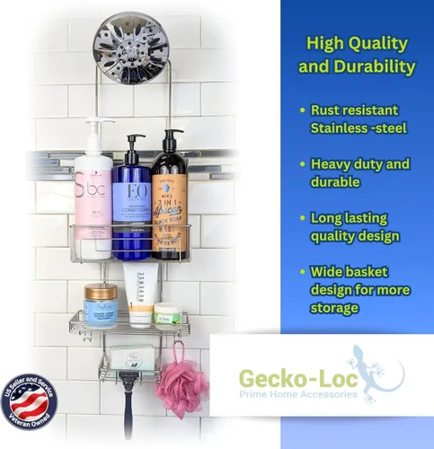 Vista 6 de Gecko-Loc SHS-015EXT Extra Long Adjustable Hanging Shower Caddy, Over-the-Showerhead Organizer for Shampoo, Soap, Razors, Rustproof Stainless Steel