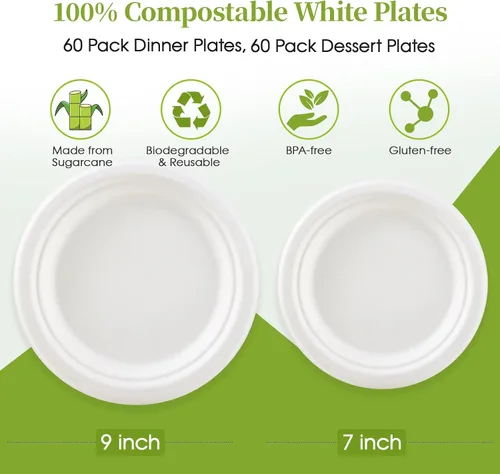 Vista 2 de ECOLipak Paquete de 120 platos de papel compostables, platos de papel desechables resistentes de 9 pulgadas y 7 pulgadas, caña de azúcar ecológica