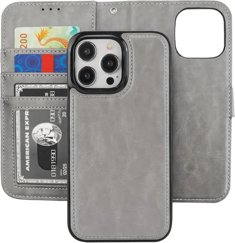 Vista 16 de Funda tipo cartera desmontable Bocasal para iPhone 15 Pro Max con bloqueo RFID, ranuras para tarjetas, soporte magnético, cuero PU premium, atril