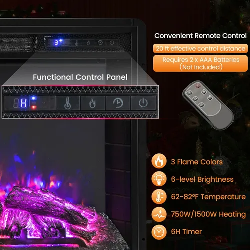 Vista 5 de COSTWAY Inserto de chimenea eléctrica de 26 pulgadas de ancho, 5,000 BTU empotrado e independiente calentador de chimenea con control remoto, 3