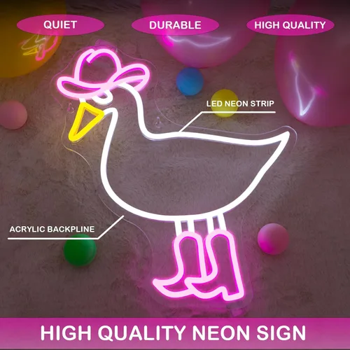 Vista 6 de Letrero de neón de cowboy y pato, letreros de neón de pato y botas de vaquera para decoración de pared, letreros de neón LED rosa con conectividad
