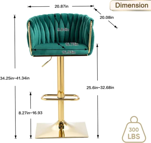 Vista 3 de Juego de 2 taburetes de bar giratorios de terciopelo, taburetes de bar ajustables y cómodos, silla de comedor moderna con respaldo tejido, taburetes