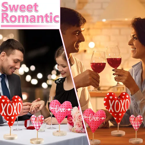 Vista 6 de 3 piezas de adornos de corazón de tela para el día de San Valentín, letrero de amor de madera Love Be Mine para chimenea, decoración rústica