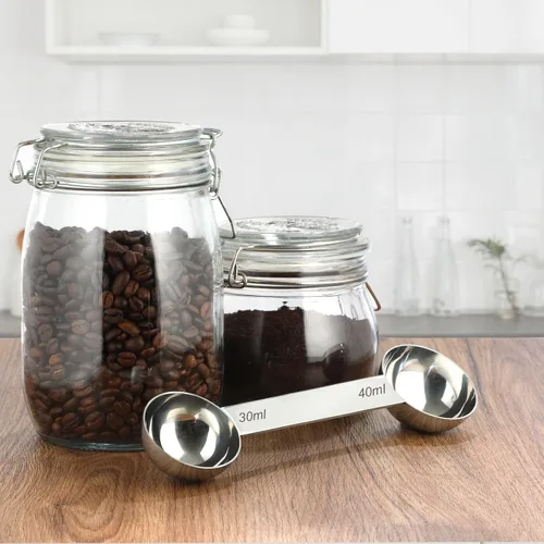 Vista 5 de Cucharas medidoras de acero inoxidable con cucharada medidora de 1.0 fl oz y 1.4 fl oz, cuchara medidora de metal de doble cara para seco o líquido