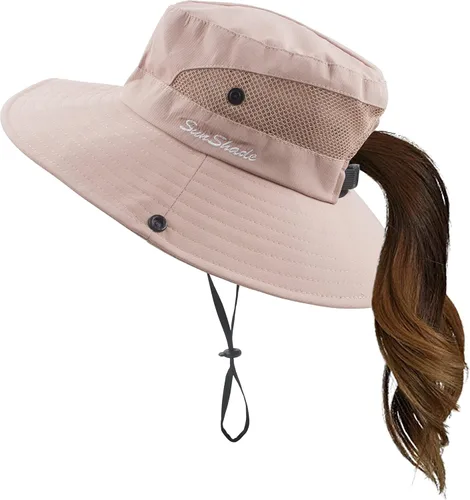 Vista 9 de Sombrero de verano para mujer, ala ancha, protección UV, plegable, para cola de caballo, para playa, pesca, senderismo Beige