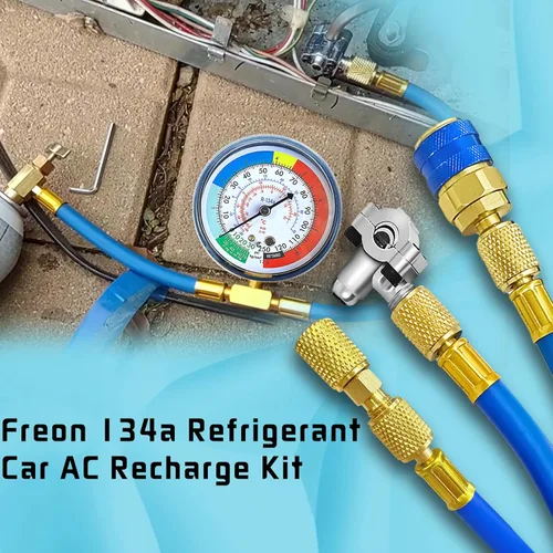 Vista 7 de Boltigen Manguera de recarga de refrigerante R134A con calibre, kit de manguera de recarga de CA R134A con válvula de perforación de bala, acoplador