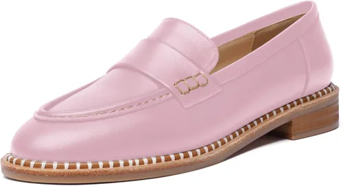 FOGEENA Mocasines de cuero mate para mujer, estilo casual, sin cordones, punta redonda, tacón bajo grueso, zapatos de vestir de 1 pulgada
