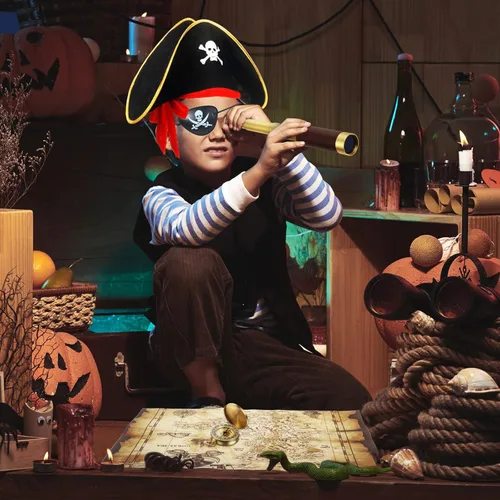 Vista 6 de Telescopio monocular pirata, mapa del tesoro, brújula, sombrero pirata, estampado de calavera, disfraz de capitán, 5 piezas de recuerdos de fiesta