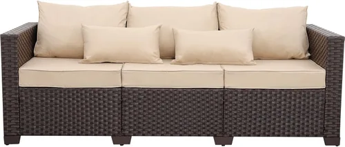 Vista 8 de Rattan Star Muebles de exterior, sofá de 3 plazas, sofá de mimbre marrón para exteriores, asiento profundo, respaldo alto, sofá de patio con cojines