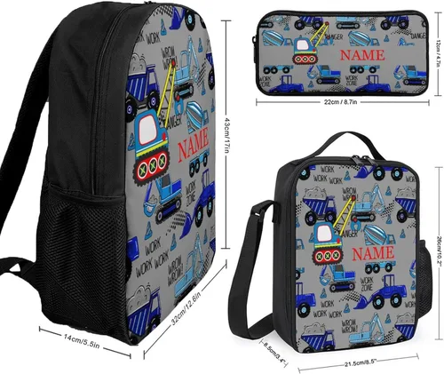 Vista 2 de Mochila de automóvil de excavadora azul personalizada de 3 piezas con tu nombre, mochila escolar con texto, bolsa de libros personalizada