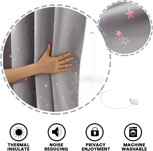 Vista 7 de PrinceDeco Cortinas Opacas para Niños para Dormitorio con Aislamiento Térmico Cortinas de Estrellas Centelleantes Rosas para Niños y Niñas con Parte