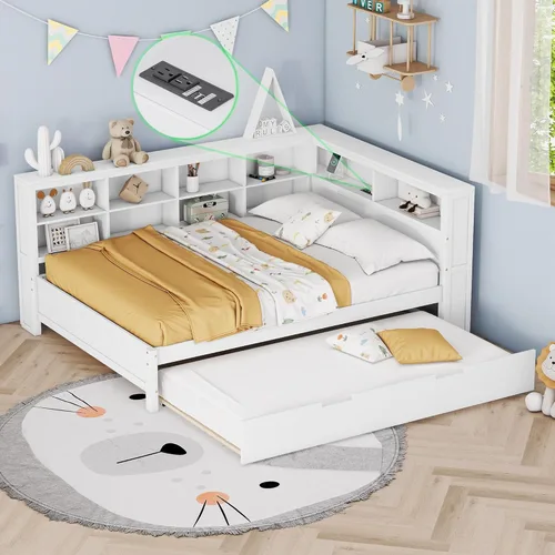 Vista 19 de Quarte Elegante cama de plataforma con estanterías en forma de L, cama de plataforma de madera tamaño individual con 2 cajones de almacenamiento