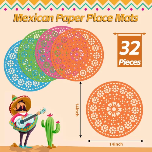 Vista 2 de 32 manteles individuales de papel para fiesta de 14 pulgadas, papel mexicano Picado Cinco de Mayo, manteles individuales desechables redondos