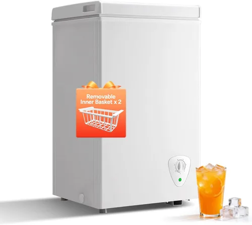Vista 13 de WANAI - Congelador compacto de 2.2 pies cúbicos con 2 cestas extraíbles, mini congelador profundo ajustable 7 termostato con puerta superior abierta
