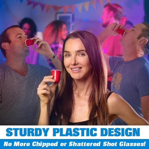Vista 4 de GoBig Paquete de 200 vasos de plástico de 2 onzas, mini vasos de fiesta de 2 onzas, color rojo