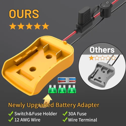 Vista 3 de Kzreect Paquete de 2 adaptadores para ruedas eléctricas compatibles con batería Dewalt 20V, kit convertidor con portafusibles, interruptor