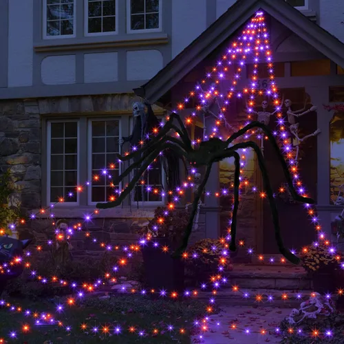 Vista 7 de Luces LED de telaraña para decoraciones de Halloween al aire libre, 616 LED, 8 modos de iluminación, red gigante iluminada de 16.4 pies