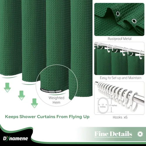 Vista 690 de Cortina de ducha de tela Dynamene verde oscuro - Cortinas de baño de tela de nido de abeja texturizadas resistentes, juego de cortinas de baño