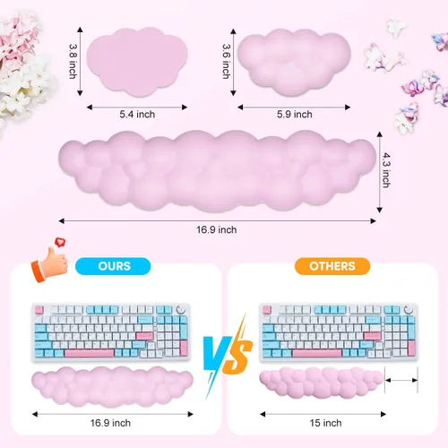 Vista 2 de JIKIOU Reposamuñecas para teclado Cloud de cuero, reposamuñecas con base de poliuretano antideslizante, cómodo reposamuñecas de espuma viscoelástica