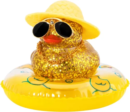 Vista 9 de Wonuu Decoraciones de tablero de goma de pato para automóvil, accesorios con anillo de natación, gafas de sol, sombrero y collar, azul y delfín