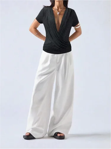 Vista 4 de SOLY HUX Camisetas de manga corta con cuello en V profundo para mujer Gris oscuro