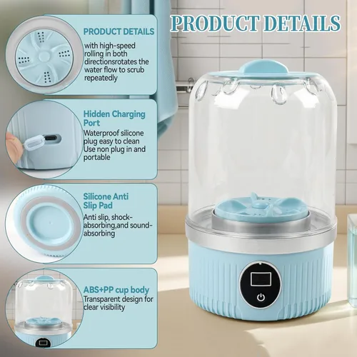 Vista 9 de JOJOCY Mini lavadora portátil, recargable de 15 W, lavadora de ropa interior inalámbrica para brasier, calcetines, ropa de bebé, uso de viaje