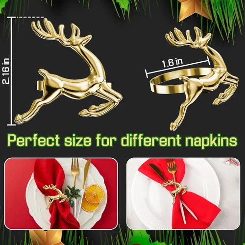 Vista 2 de ZeeDix Juego de 8 servilleteros dorados de renos navideños, anillo para servilletas de tela para decoración de mesa de cena navideña