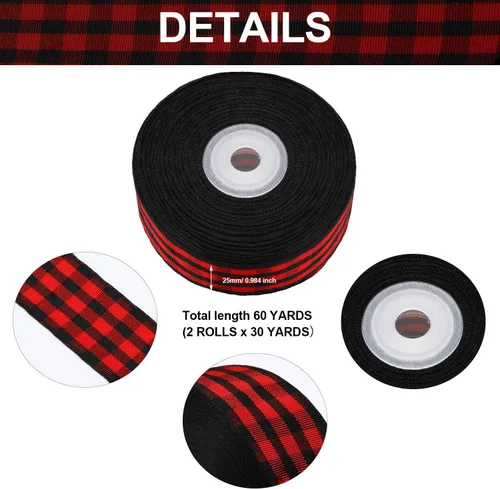 Vista 2 de Boao 2 rollos de cinta de cuadros de búfalo de Navidad de 1 pulgada, 30 yardas, cinta de envoltura a cuadros rojos, blancos y negros, borde