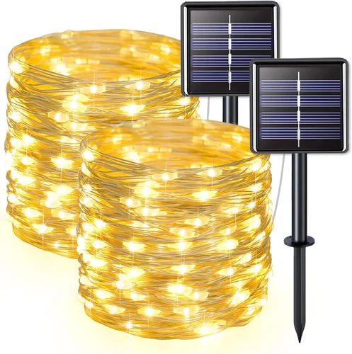 Vista 32 de JMEXSUSS Paquete de 4 tiras de 100 luces LED solares para exteriores, 33 pies, luces solares blancas para exteriores, impermeables, 8 modos, luces
