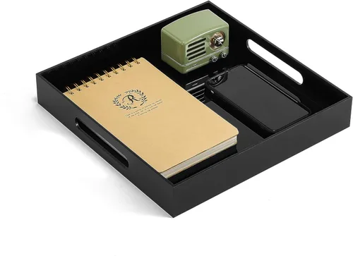 Vista 3 de Bandeja de servir acrílica resistente y brillante en negro con asas - 12x12 pulgadas - Bandeja para servir café, aperitivos, desayuno, mayordomo