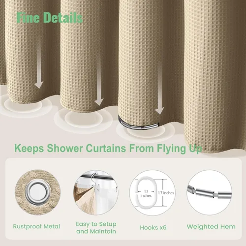 Vista 397 de Cortina de ducha de tela Dynamene verde oscuro - Cortinas de baño de tela de nido de abeja texturizadas resistentes, juego de cortinas de baño