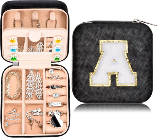 Hoemwarm Joyero de viaje, caja de joyería de viaje, mini caja de almacenamiento de joyas de viaje con espejo para mujeres y niñas, anillo collar