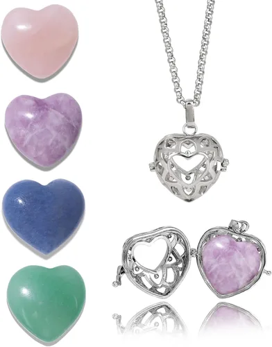 Raicegs Heart Shaped Crystals and Healing Stones 7 Chakra Crystal Necklace 0.8 inch Heart Gemstones Natural Stones Necklaces for Women Spiritual