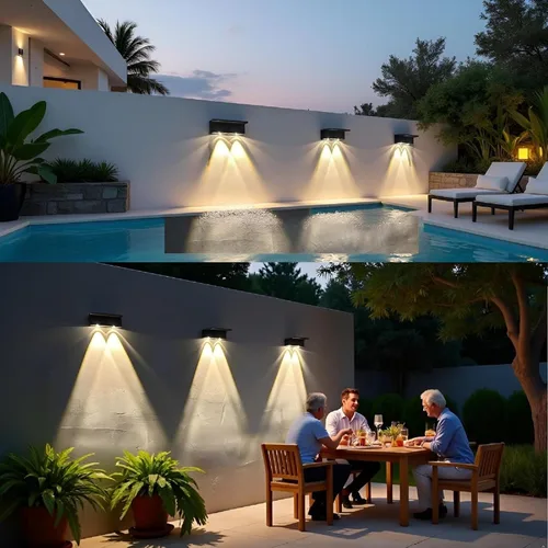 Vista 6 de ASLIDECOR Luces solares para terraza al aire libre, paquete de 4 luces solares para vallas, luces solares de pared blancas cálidas, luces LED